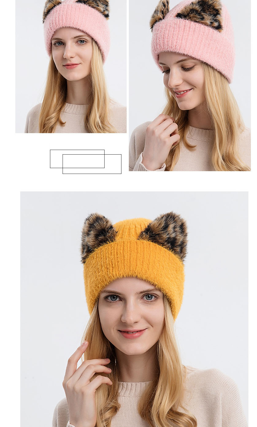 Fashion Khaki Woolen Knitted Cuffed Leopard Print Cat Ear Cap,Beanies&Others