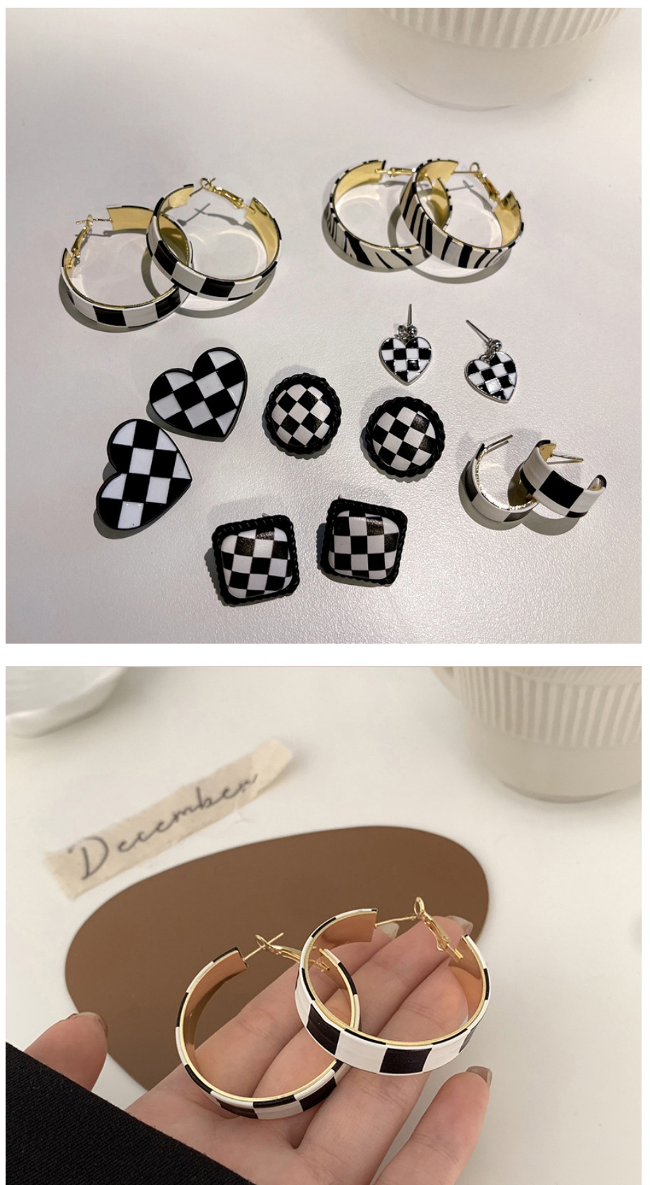 Fashion 1# Metal Checkerboard C-shaped Earrings,Hoop Earrings