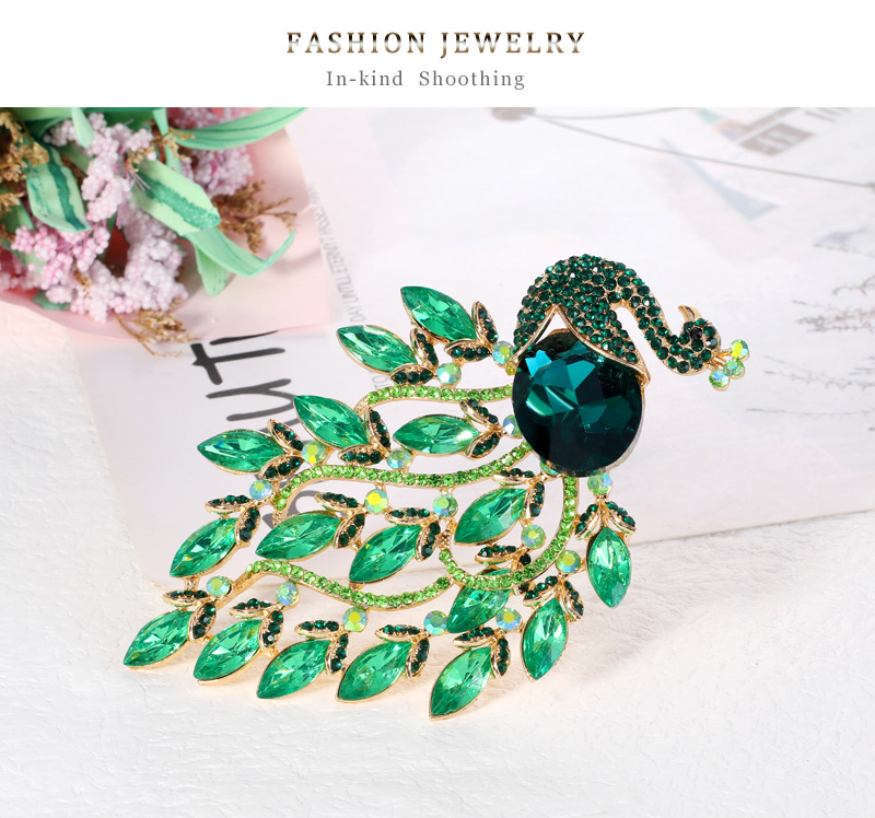 Fashion Green Alloy Diamond Peacock Brooch,Korean Brooches