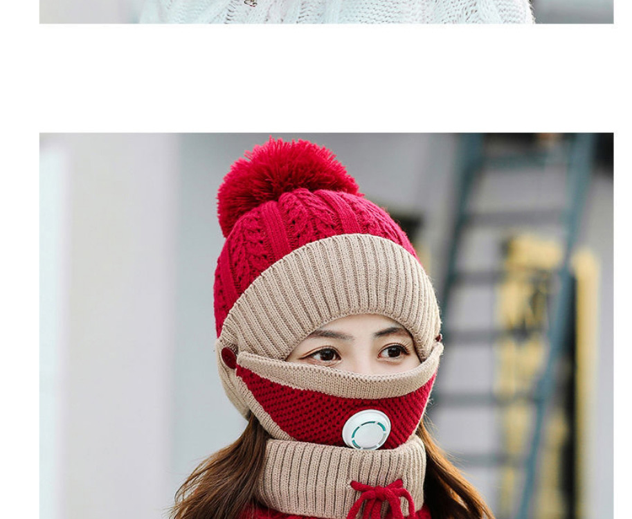 Fashion Black Color-blocking Woolen Knitting Cap Mask And Scarf Set With Breathing Valve,Beanies&Others