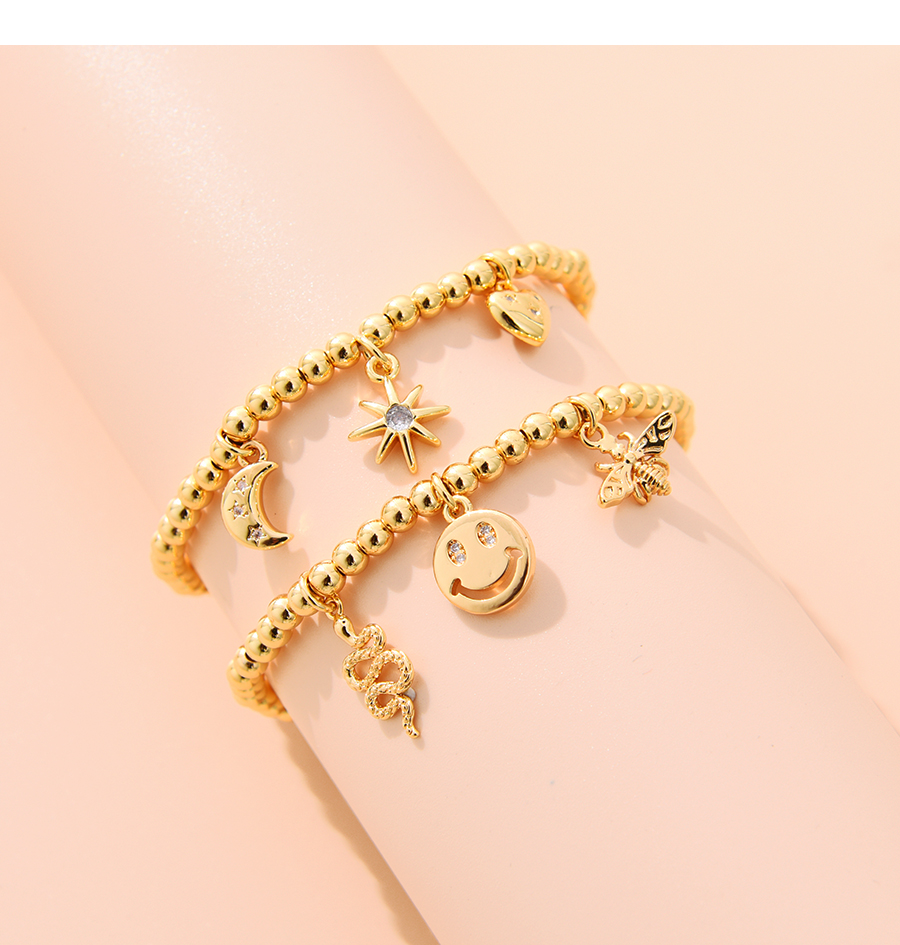 Fashion Gold Copper Inlaid Zirconium Crescent Heart Beaded Bracelet,Bracelets