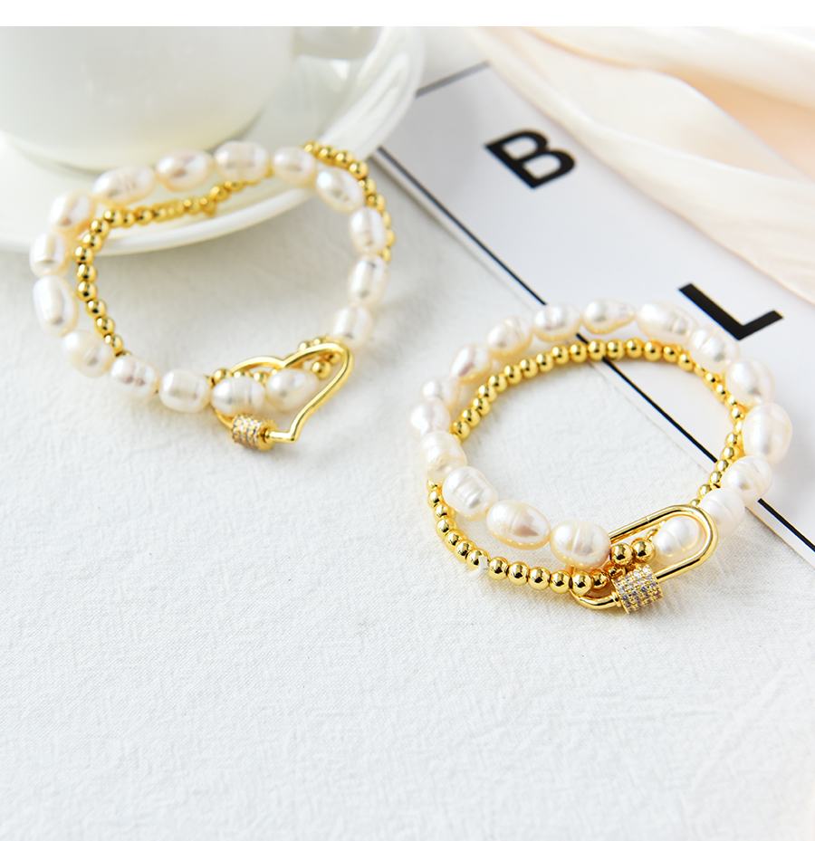 Fashion Gold Copper Inlaid Zirconium Pearl Beaded Round Bracelet,Bracelets