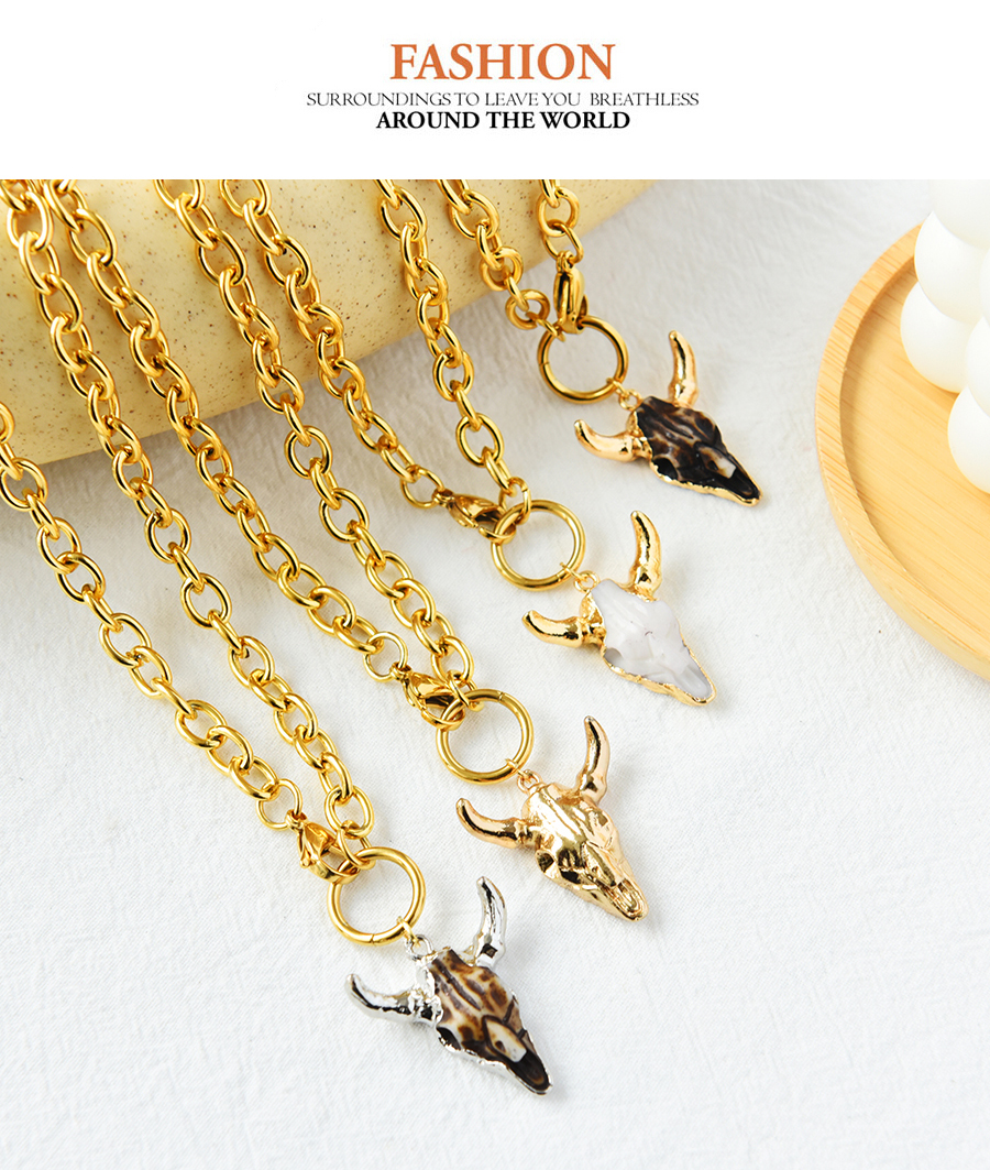 Fashion Gold Titanium Steel Thick Chain Bull Head Necklace,Necklaces
