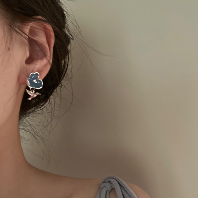 Fashion Blue Alloy Oil Drop Flower Bird Earrings,Stud Earrings