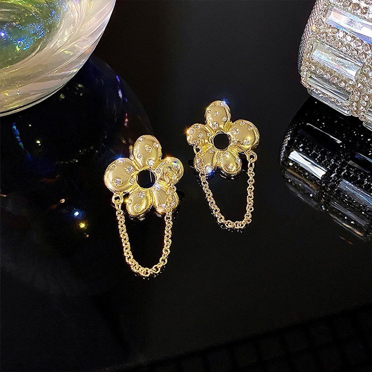 Fashion Gold Alloy Diamond Flower Tassel Stud Earrings,Stud Earrings