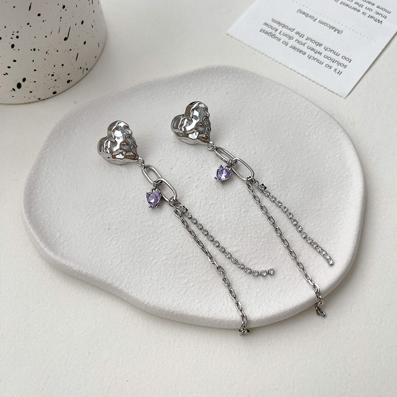Fashion Silver Alloy Folded Heart Tassel Earrings,Drop Earrings
