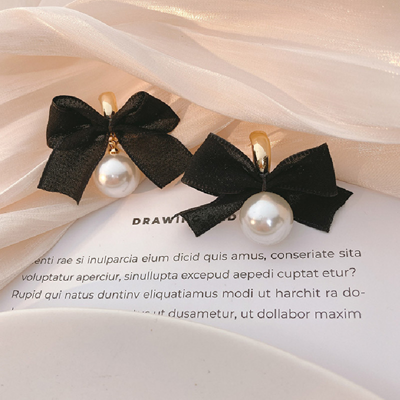 Fashion Black Alloy Pearl Bow Earrings,Stud Earrings
