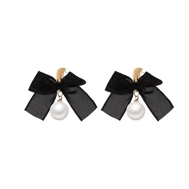 Fashion Black Alloy Pearl Bow Earrings,Stud Earrings