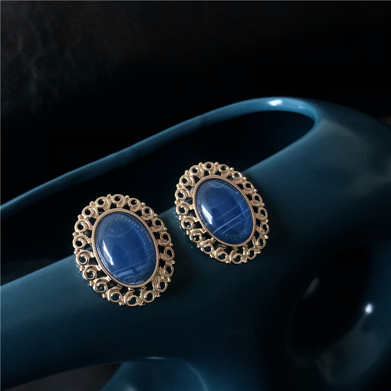 Fashion Blue Alloy Oval Gems Geometric Stud Earrings,Stud Earrings