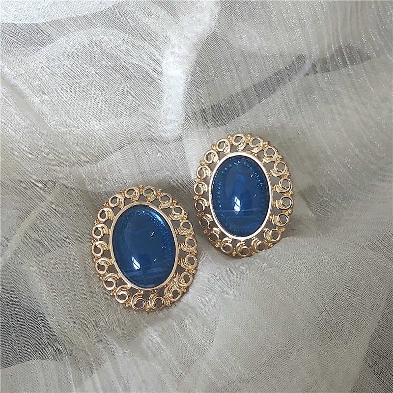 Fashion Blue Alloy Oval Gems Geometric Stud Earrings,Stud Earrings