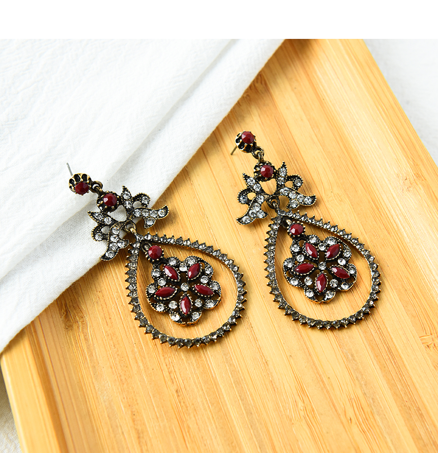 Fashion Red Alloy Diamond Flower Geometric Earrings,Drop Earrings