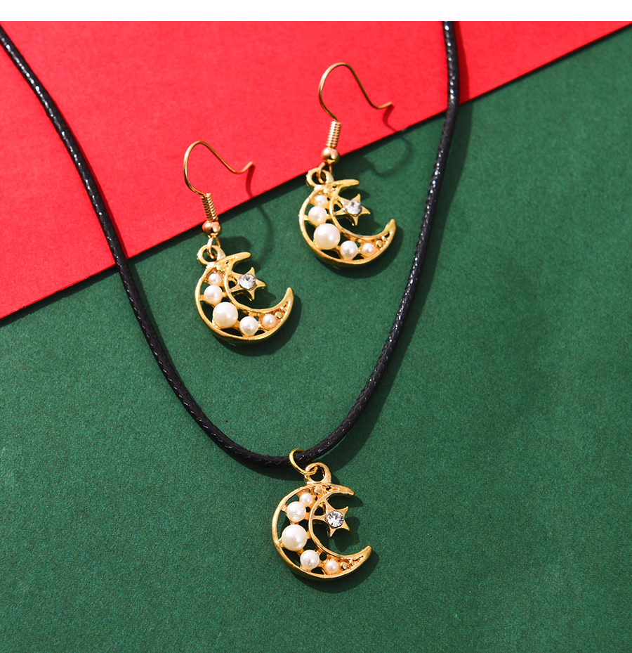 Fashion Color Alloy Pearl Christmas Crescent Earrings Necklace Set,Jewelry Sets