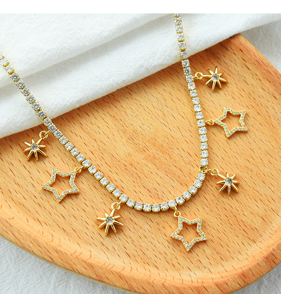 Fashion Golden-2 Copper Inlaid Zirconium Five-pointed Star Smiley Face Necklace,Necklaces