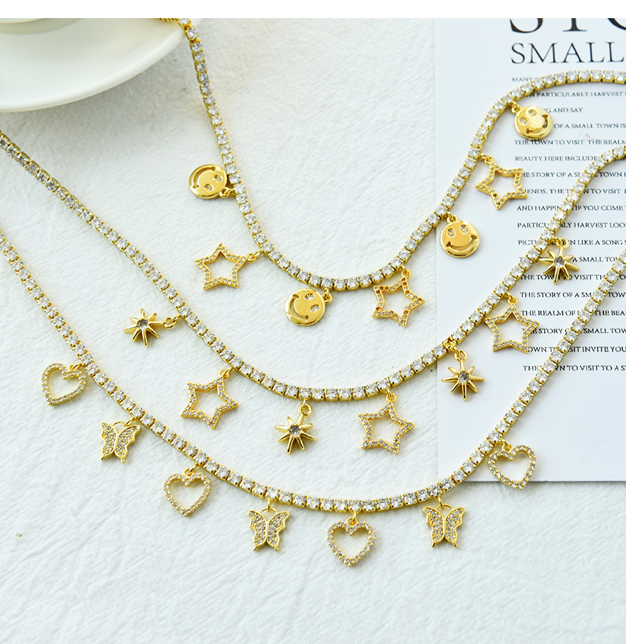 Fashion Golden-2 Copper Inlaid Zirconium Five-pointed Star Smiley Face Necklace,Necklaces