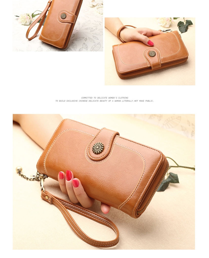 Fashion Brown Large-capacity Long Wallet With Sun Flower Buckle In Oil Wax Leather,Wallet