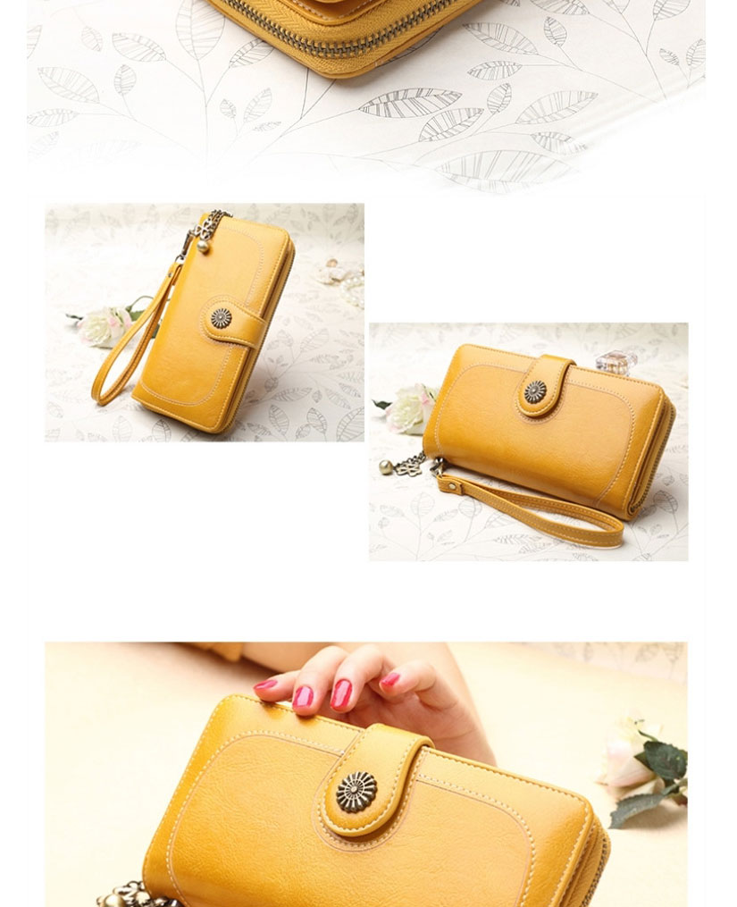 Fashion Brown Large-capacity Long Wallet With Sun Flower Buckle In Oil Wax Leather,Wallet