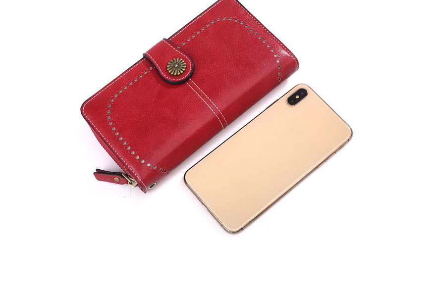 Fashion Brown Oil Leather Hollow Sun Flower Buckle Large-capacity Card Holder,Wallet