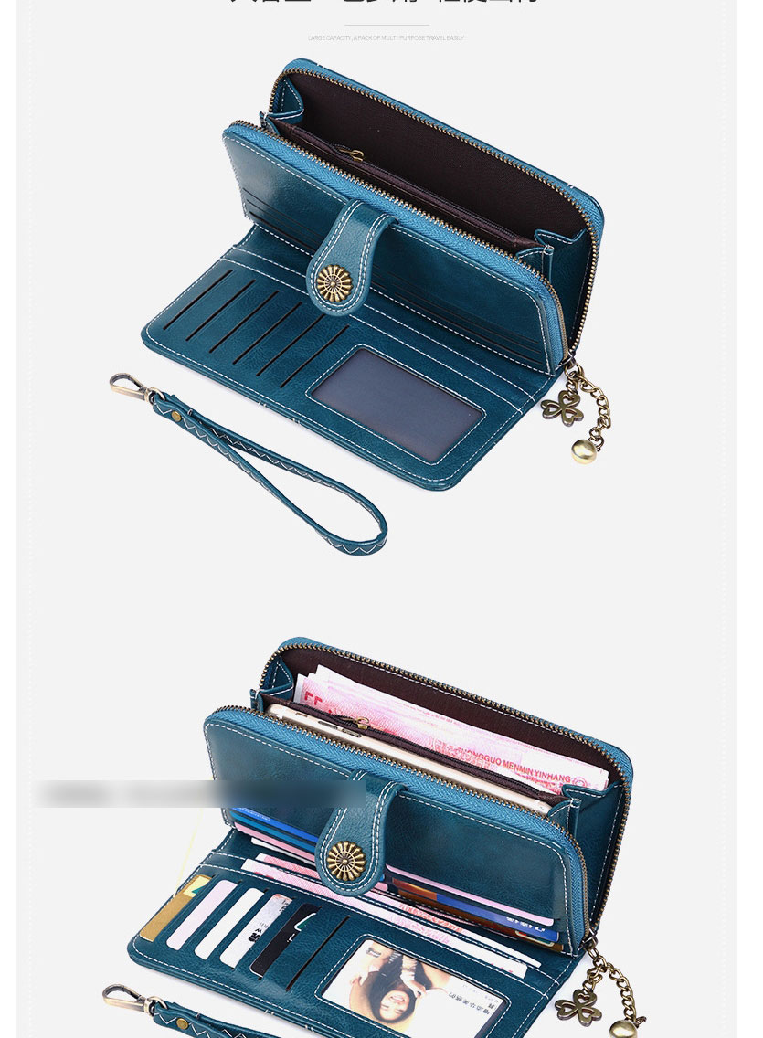 Fashion Blue Oil Wax Leather Sun Flower Buckle Long Zipper Card Holder,Wallet