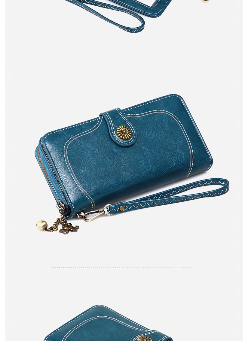 Fashion Blue Oil Wax Leather Sun Flower Buckle Long Zipper Card Holder,Wallet