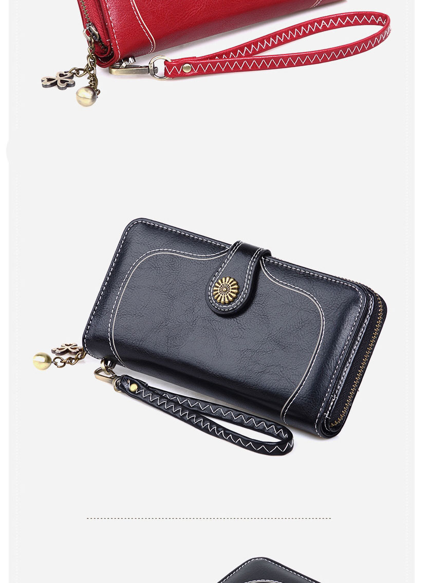 Fashion Black Oil Wax Leather Sun Flower Buckle Long Zipper Card Holder,Wallet
