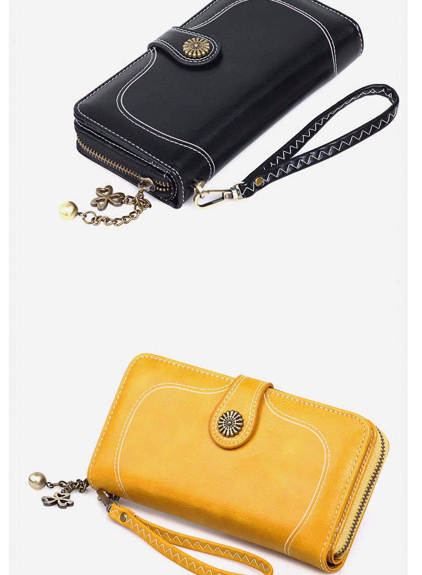 Fashion Black Oil Wax Leather Sun Flower Buckle Long Zipper Card Holder,Wallet