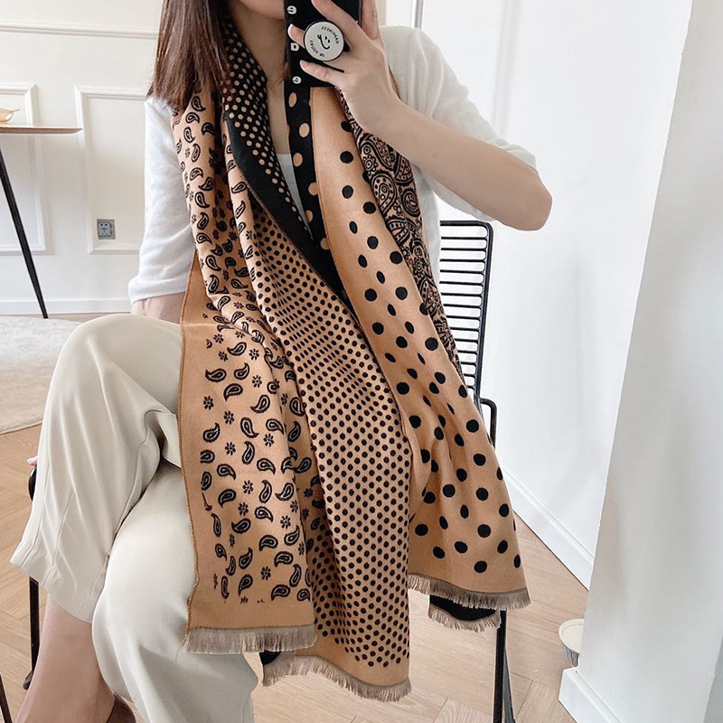 Fashion Black Rice Color Cashew Flower Polka Dot Print Double-sided Cashmere Shawl,knitting Wool Scaves