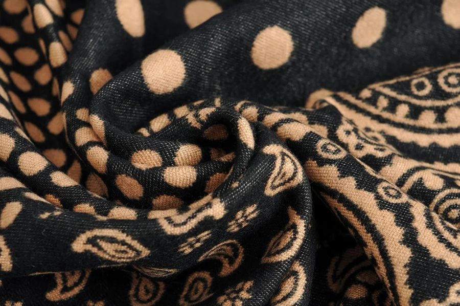 Fashion Black Khaki Cashew Flower Polka Dot Print Double-sided Cashmere Shawl,knitting Wool Scaves