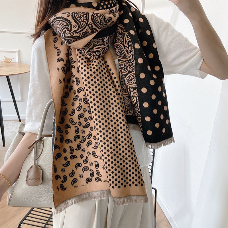 Fashion Black Rice Color Cashew Flower Polka Dot Print Double-sided Cashmere Shawl,knitting Wool Scaves