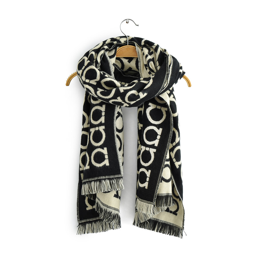 Fashion Black Coffee Color Geometric Print Double-sided Cashmere Shawl,knitting Wool Scaves
