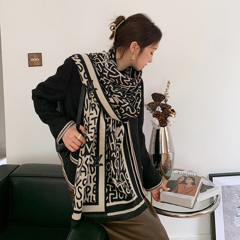 Fashion Black Coffee Letter Jacquard Double-sided Cashmere Shawl,knitting Wool Scaves