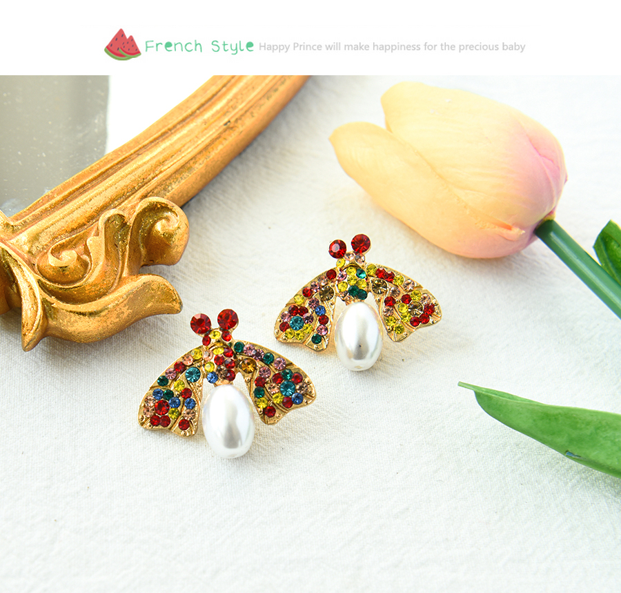 Fashion Color Alloy Diamond Pearl Insect Stud Earrings,Stud Earrings