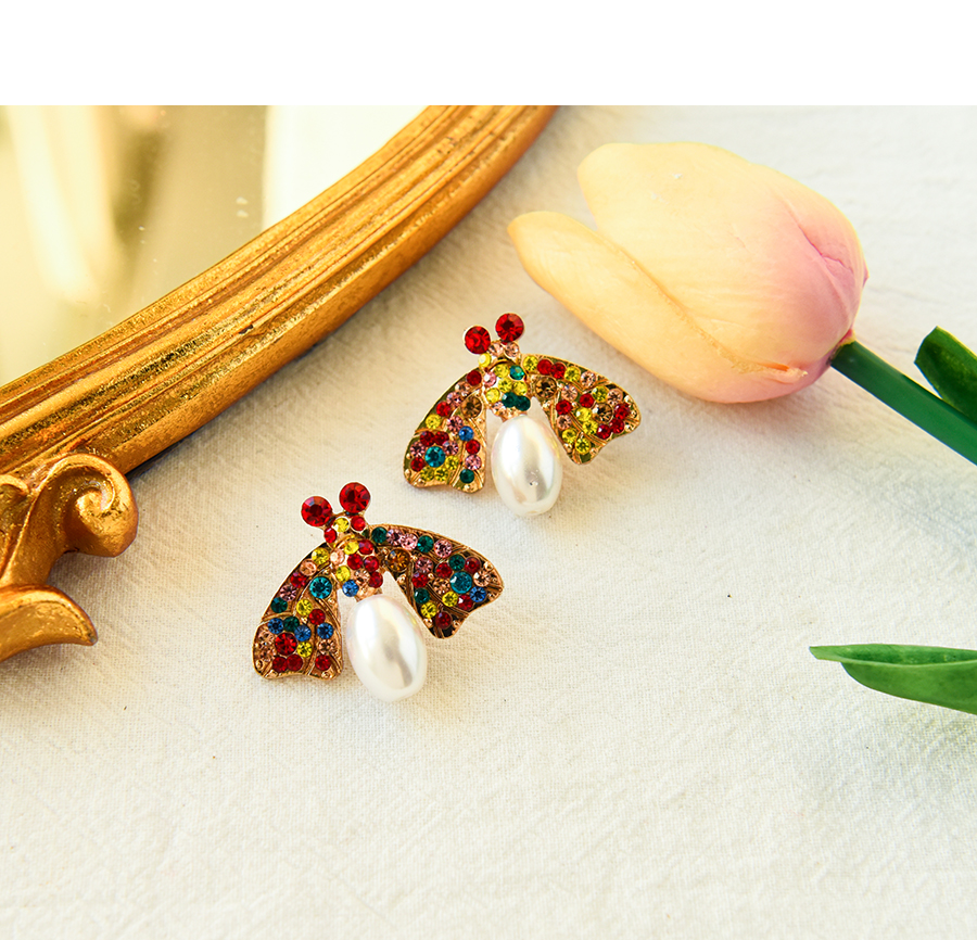 Fashion Color Alloy Diamond Pearl Insect Stud Earrings,Stud Earrings