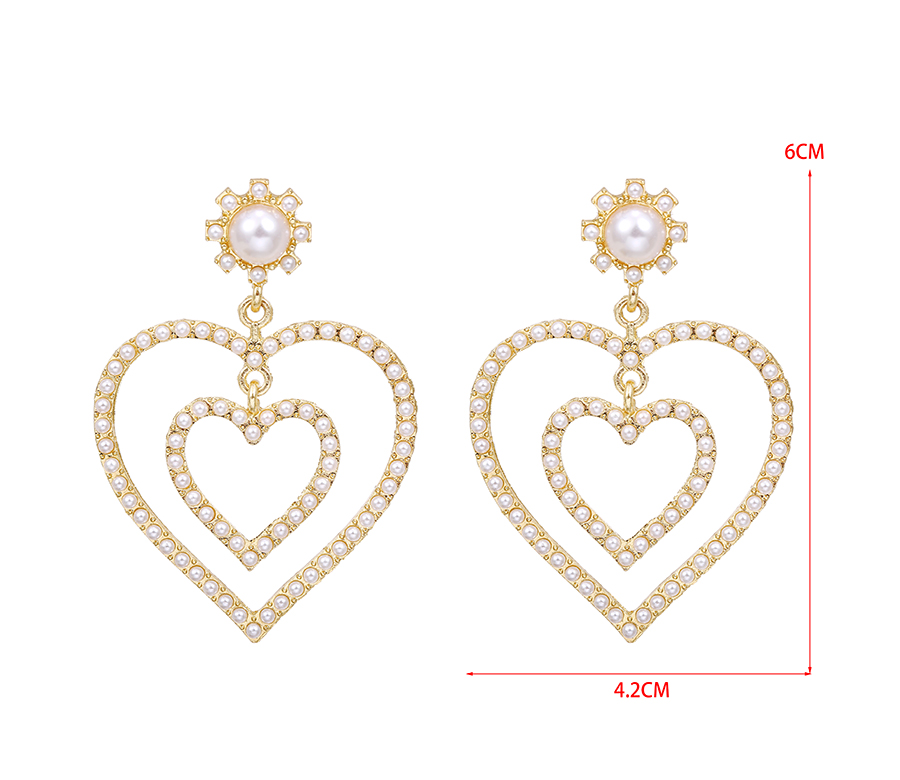 Fashion White Alloy Diamond Pearl Hollow Double Heart Stud Earrings,Stud Earrings