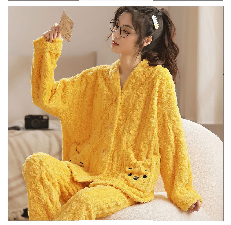 Fashion Beige Cut Flower Bear Flannel And Velvet Cartoon Bear Split Pajama Set,CURVE SLEEP & LOUNGE