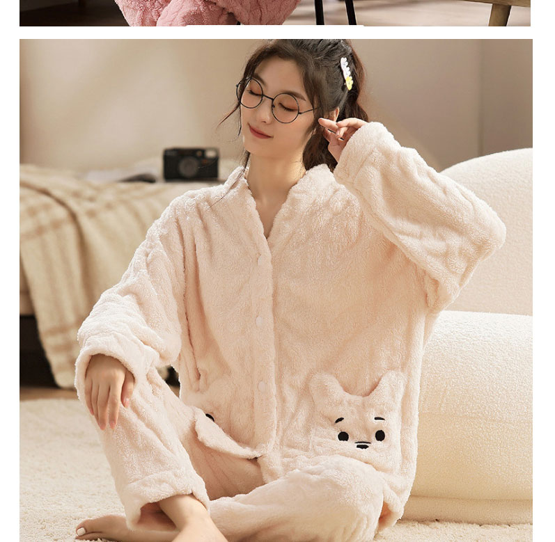 Fashion Beige Cut Flower Bear Flannel And Velvet Cartoon Bear Split Pajama Set,CURVE SLEEP & LOUNGE