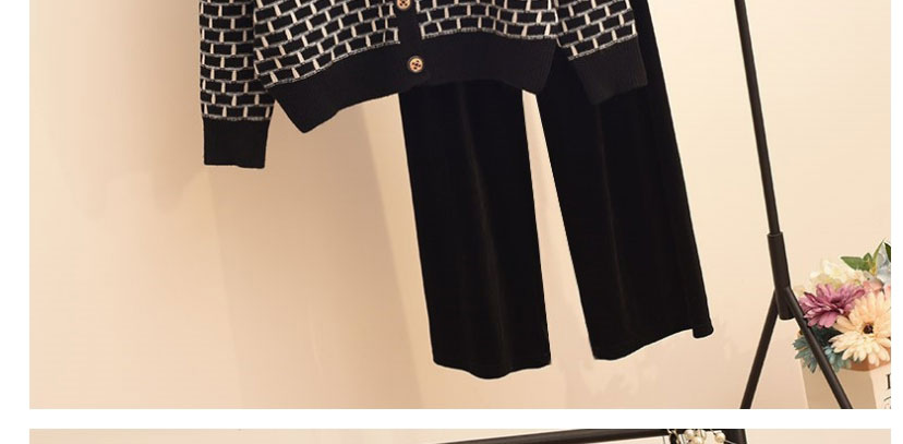 Fashion Black Lapel Geometric Texture-breasted Cardigan Wide-leg Pants Suit,Suits