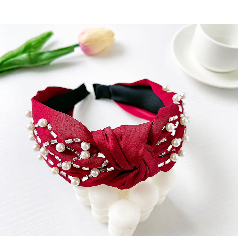 Fashion Red Fabric Pearl Hot Rhinestone Knotted Hair Band,Head Band