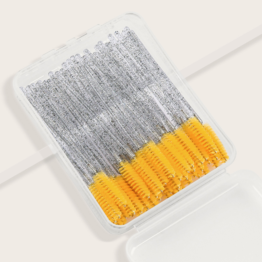 Fashion Yellow 50 Yellow Disposable Eyelash Brushes With Colorful Handle + Plastic Box Hardcover,Beauty tools