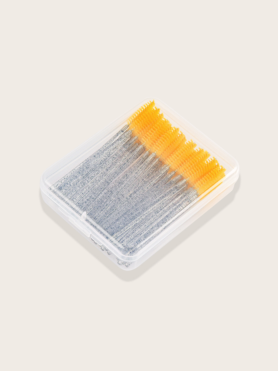 Fashion Yellow 50 Yellow Disposable Eyelash Brushes With Colorful Handle + Plastic Box Hardcover,Beauty tools