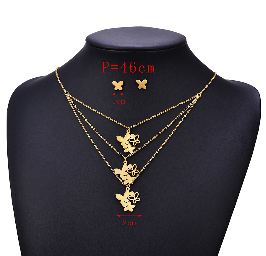Fashion Gold Titanium Steel Multilayer Butterfly Necklace And Earrings Set,Jewelry Set