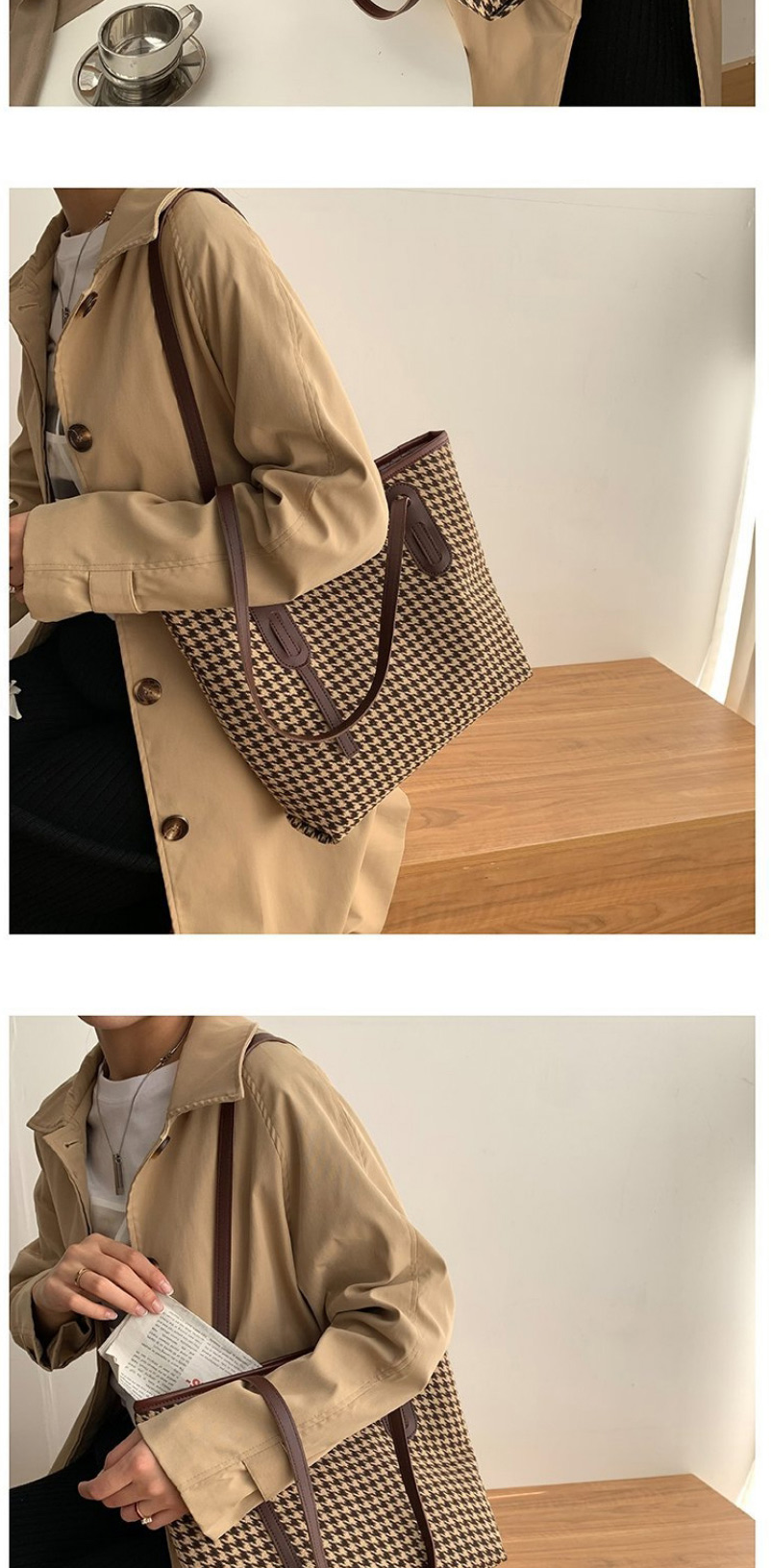 Fashion Brown Houndstooth Large Capacity Shoulder Bag,Messenger bags