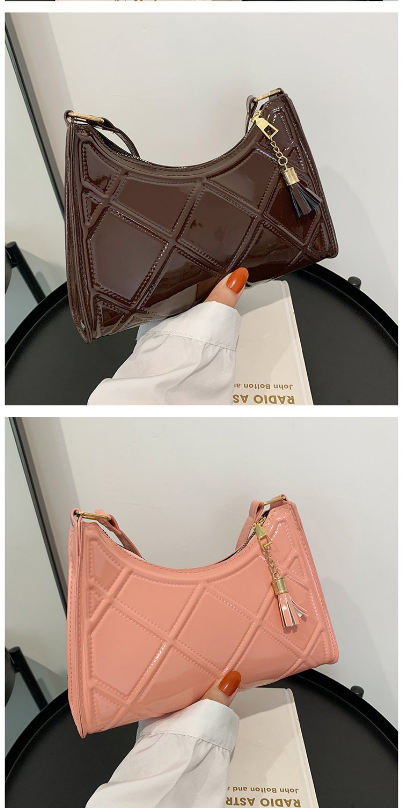 Fashion Brown Embossed Rhomboid Lacquer Shoulder Bag,Messenger bags