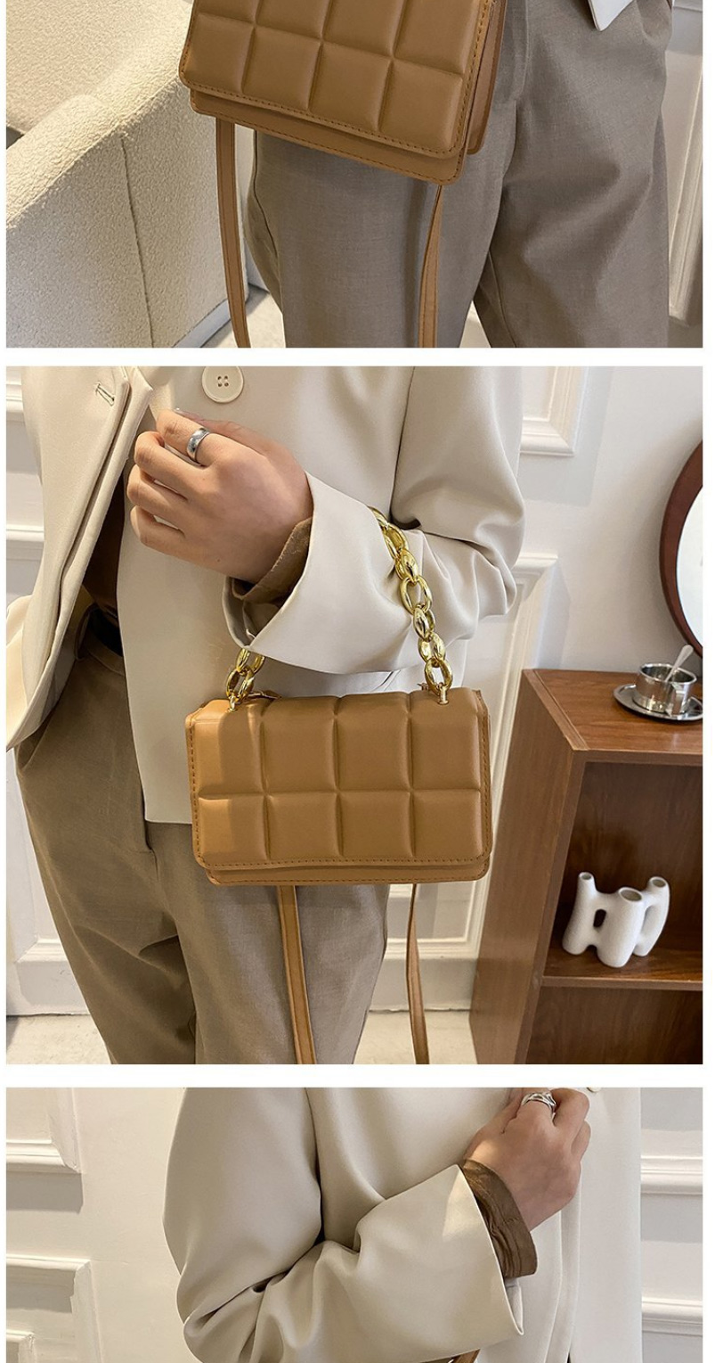Fashion Light Brown Checkered Indentation Flap Thick Chain Portable Messenger Bag,Shoulder bags