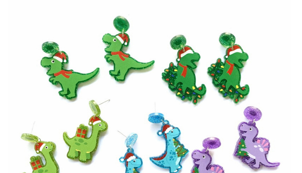 Fashion Purple Christmas Tree Dinosaur Christmas Dinosaur Acrylic Glitter Earrings,Stud Earrings