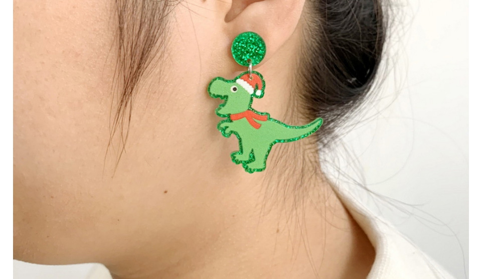 Fashion Gift Dinosaur On Fruit Green Back Christmas Dinosaur Acrylic Glitter Earrings,Stud Earrings