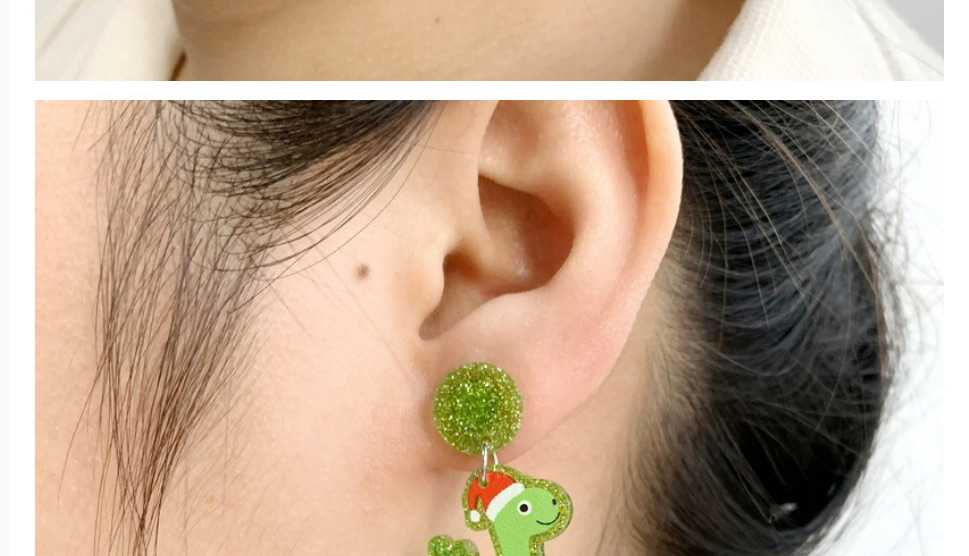 Fashion Green Hat Dinosaur Christmas Dinosaur Acrylic Glitter Earrings,Stud Earrings