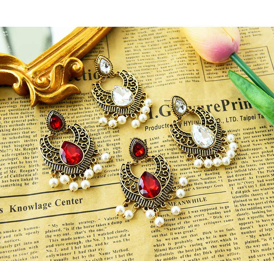 Fashion Red Alloy Diamond Pearl Tassel Stud Earrings,Stud Earrings