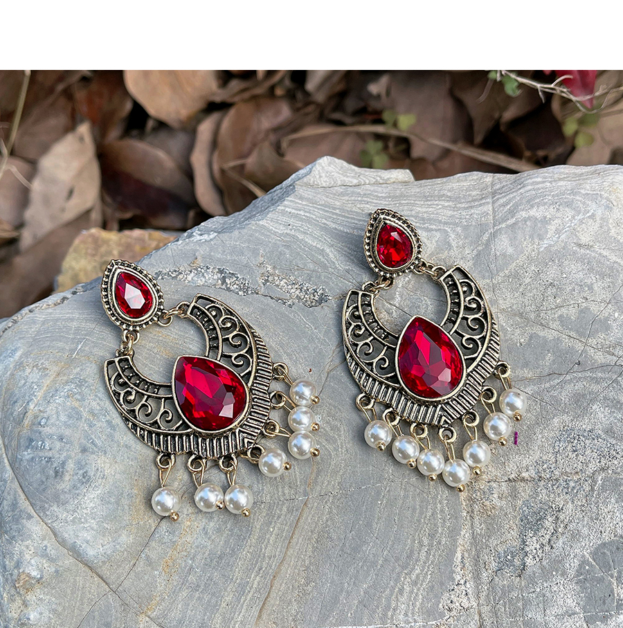 Fashion Red Alloy Diamond Pearl Tassel Stud Earrings,Stud Earrings