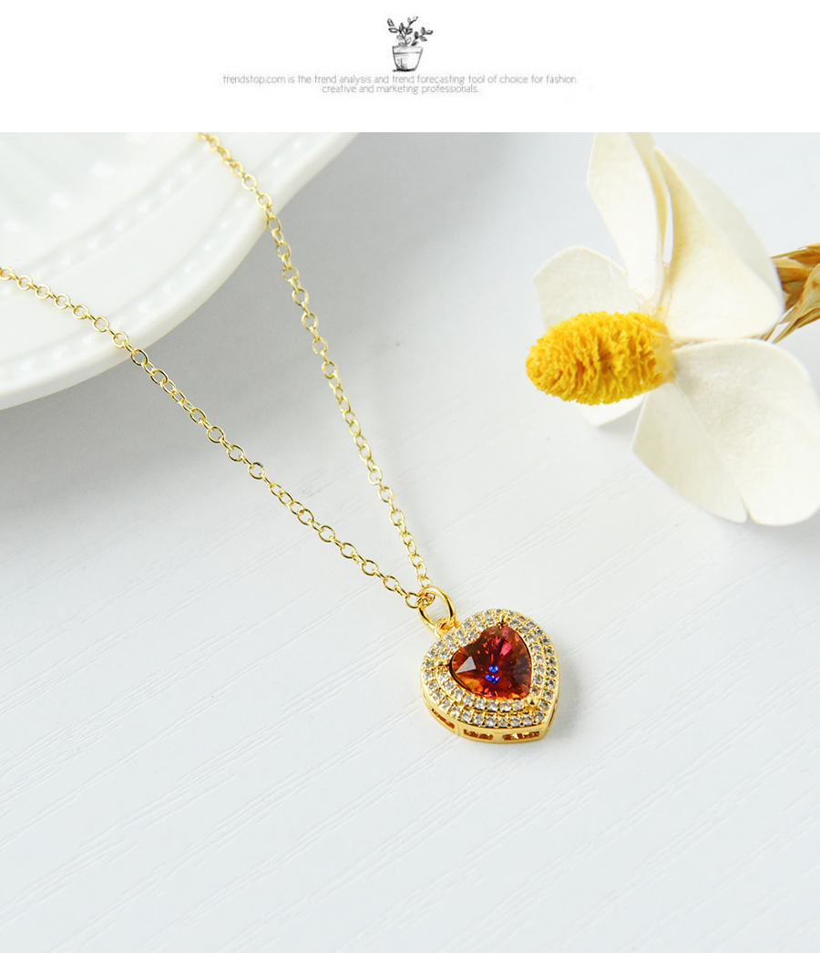 Fashion Color Copper Inlaid Zirconium Heart Necklace,Necklaces