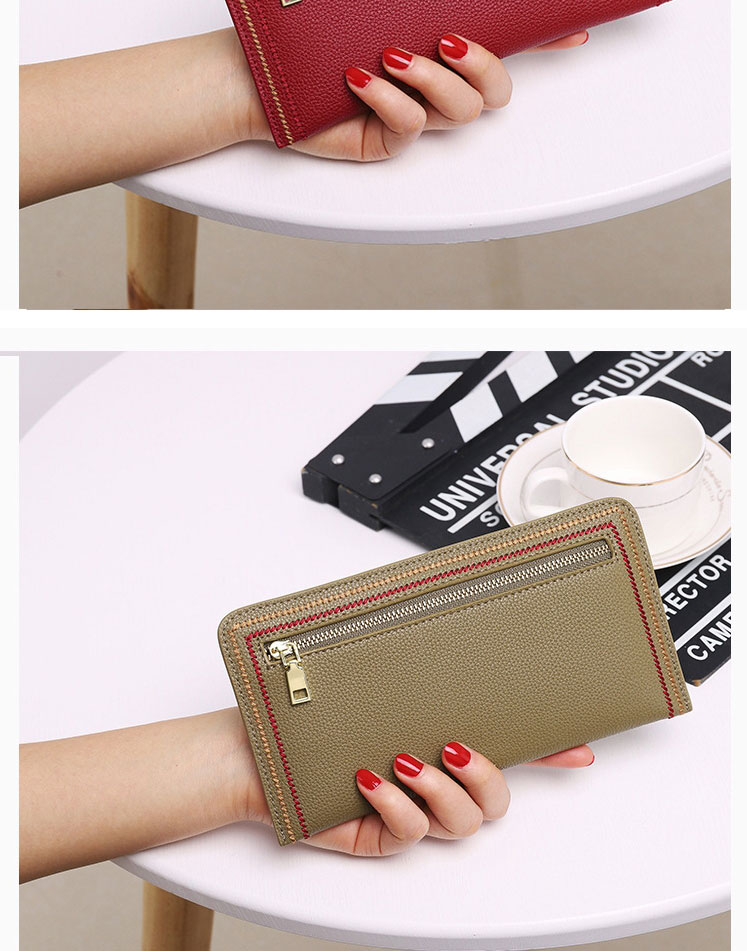 Fashion Red Wine Long Zipper Wallet With Leather Edges And Embroidery Thread,Wallet